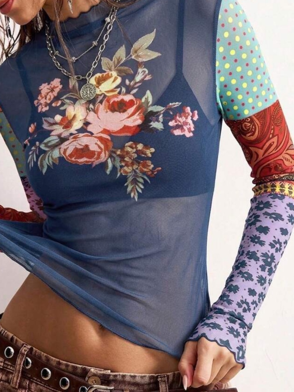 Navy Blue Floral Mesh Long-Sleeve Women's Top - Picture 2 of 6